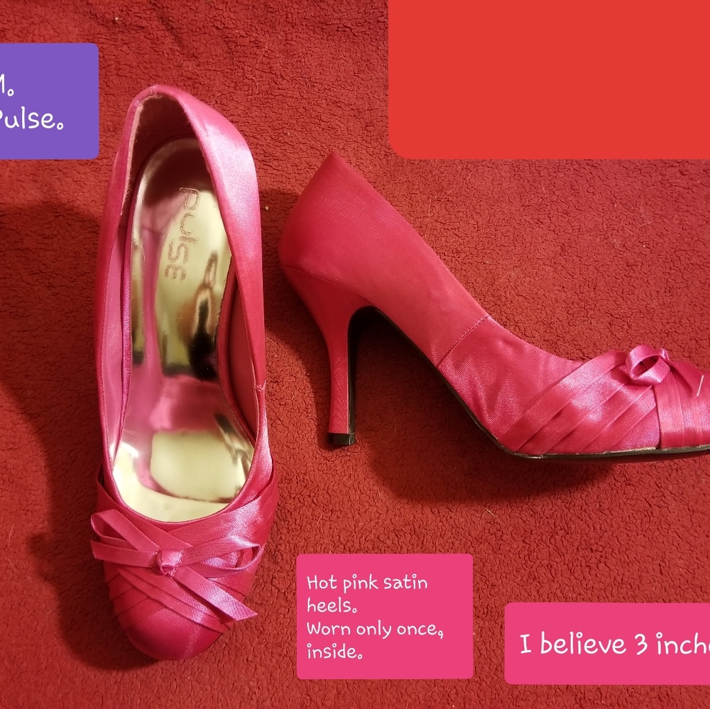 Hot pink satin bow heels.
